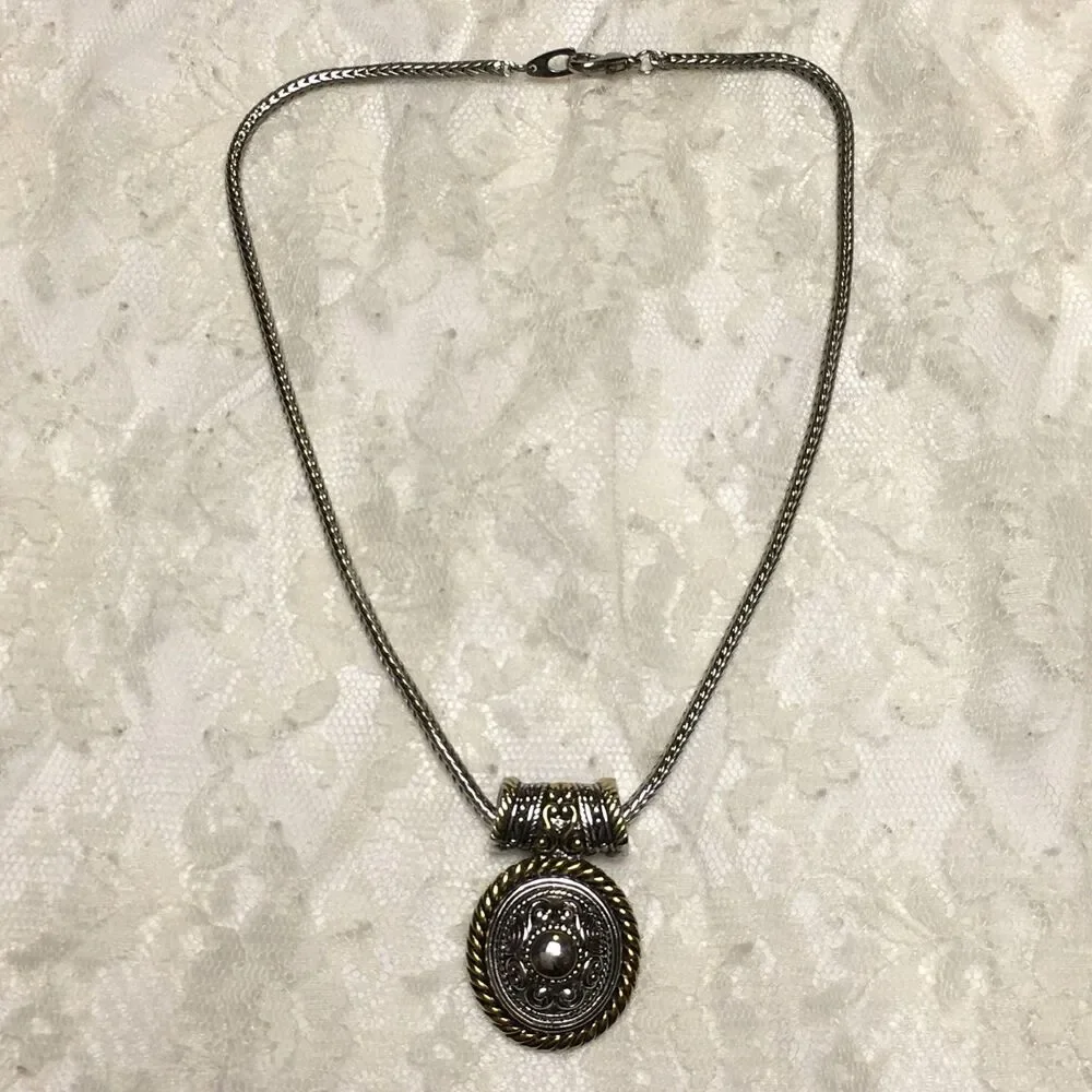 Vintage Silver Gold Tone Mix Necklace Ornate Medallion Woven Style Chain